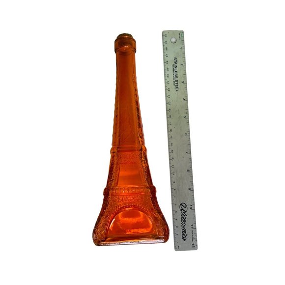 Eiffel Tower Bottle Orange Glass Decanter w/ Cork Liquor Barware Vintage 11" - Picture 3 of 6